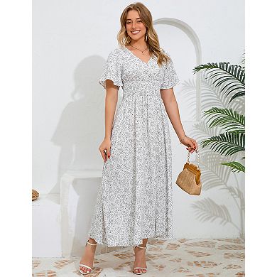 Women's Chic V-Neck Short Sleeve Midi Dress with Side Split