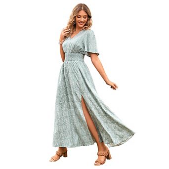 Women's Chic V-Neck Short Sleeve Midi Dress with Side Split