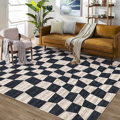 FairOnly Modern Irregular Checkered Area Rug Low Pile Machine Washable Non Slip Rug for Home Decor