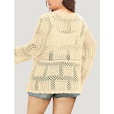 Plus Size Bell Sleeve Crochet Cardigan Button Down Open Knit Peplum Sweater for Casual Wear