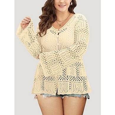 Plus Size Bell Sleeve Crochet Cardigan Button Down Open Knit Peplum Sweater for Casual Wear