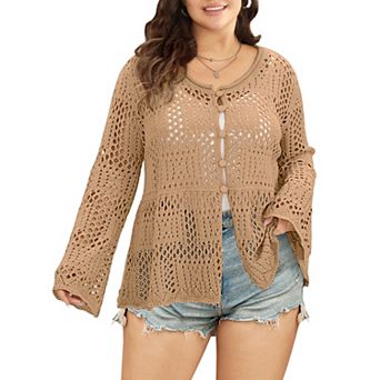 Plus Size Bell Sleeve Crochet Cardigan Button Down Open Knit Peplum Sweater for Casual Wear