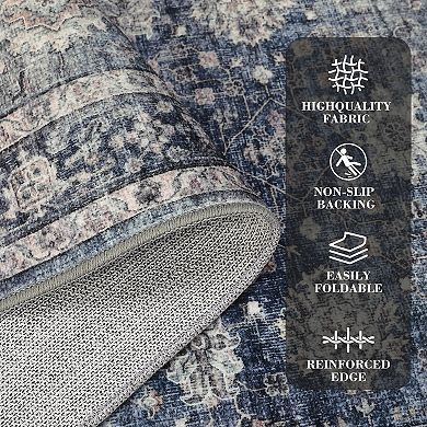 Distressed Area Rug Machine Washable Low Pile Pet Friendly Foldable Carpet for Bathroom Entrance