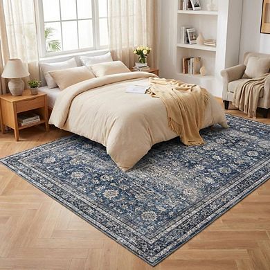 Distressed Area Rug Machine Washable Low Pile Pet Friendly Foldable Carpet for Bathroom Entrance