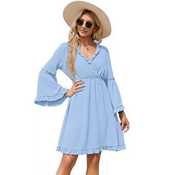 Women's Dress V Neck Long Sleeve A line Mini Dress Ruffle Flowy Swing High Waist Dresses