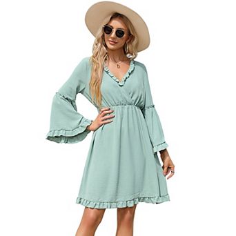 Women's Dress V Neck Long Sleeve A line Mini Dress Ruffle Flowy Swing High Waist Dresses