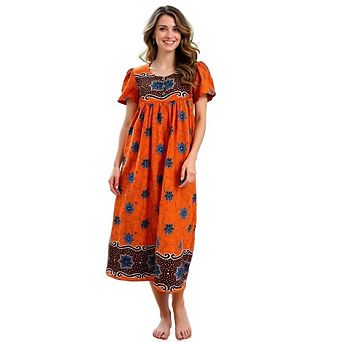 Loungees Border Print Cotton Lounge Dress House Dress Caftan 3 Button Bib Yoke Short Sleeve