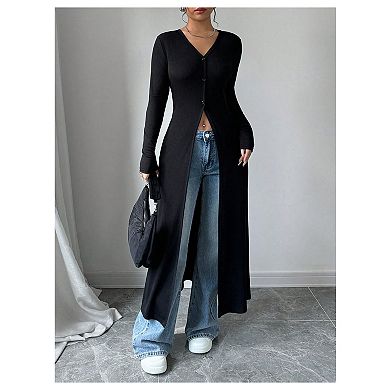 Women's Button Down Maxi Cardigan Long Sleeve Bodycon Split Coat Casual Sweater