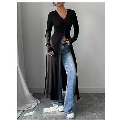Women's Button Down Maxi Cardigan Long Sleeve Bodycon Split Coat Casual Sweater