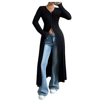 Women's Button Down Maxi Cardigan Long Sleeve Bodycon Split Coat Casual Sweater