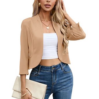Women's Cropped Blazer Casual Business 3/4 Sleeve Jacket Open Front Cardigan Work Shrug