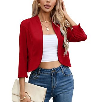 Women's Cropped Blazer Casual Business 3/4 Sleeve Jacket Open Front Cardigan Work Shrug