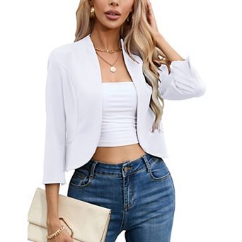Women's Cropped Blazer Casual Business 3/4 Sleeve Jacket Open Front Cardigan Work Shrug