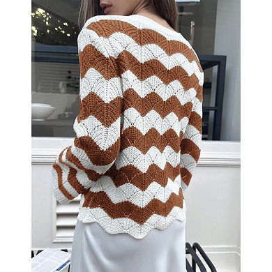 Women's Cardigan Tie Front Sweater Long Sleeves Striped V Neck Trendy Cardigans