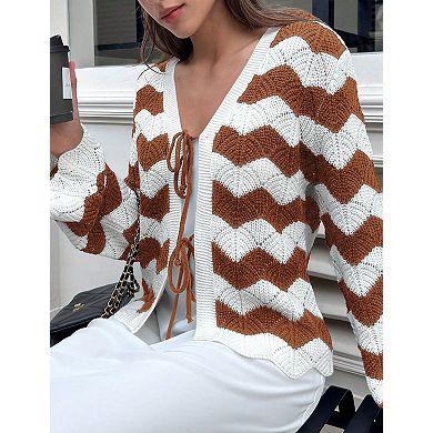 Women's Cardigan Tie Front Sweater Long Sleeves Striped V Neck Trendy Cardigans