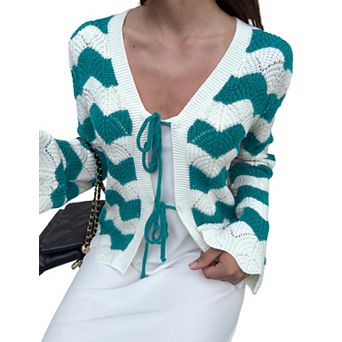Women's Cardigan Tie Front Sweater Long Sleeves Striped V Neck Trendy Cardigans