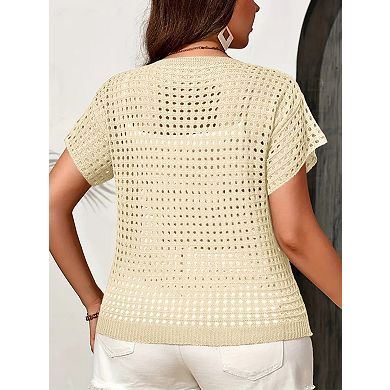 Plus Size Short Sleeve Knit Cardigan V Neck Tie Front Open Front Crochet Cover Up for Casual Wear