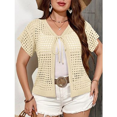 Plus Size Short Sleeve Knit Cardigan V Neck Tie Front Open Front Crochet Cover Up for Casual Wear