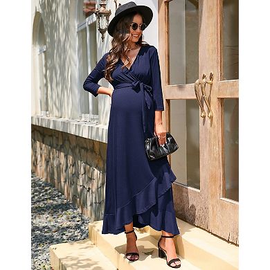 Women's Maxi Dress with 3/4 Bell Sleeves Ruffled Hem