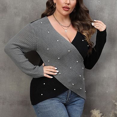 Women's Plus Size Pearl Embellished Block Deep V Cross Sweater