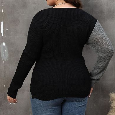 Women's Plus Size Pearl Embellished Block Deep V Cross Sweater