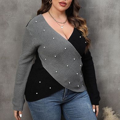 Women's Plus Size Pearl Embellished Block Deep V Cross Sweater