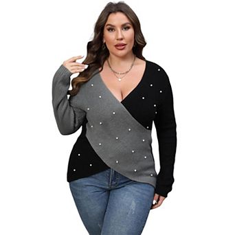 Women's Plus Size Pearl Embellished Block Deep V Cross Sweater