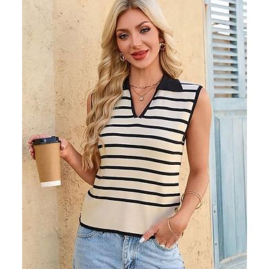 Women Sweater Vest V Neck Sleeveless Knit Striped Casual Lightweight Pullover Tops