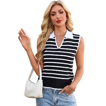 Women Sweater Vest V Neck Sleeveless Knit Striped Casual Lightweight Pullover Tops