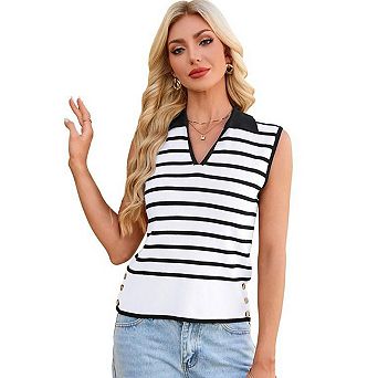 Women Sweater Vest V Neck Sleeveless Knit Striped Casual Lightweight Pullover Tops