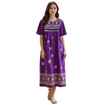 Loungees Border Print Cotton Lounge Dress House Dress Caftan 3 Button Bib Yoke Short Sleeve