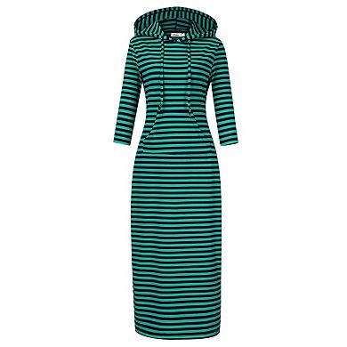 Women's Casual 3/4 Sleeve Pocket Slim Pullover Maxi Hoodie Dress Sweatshirt Dresses