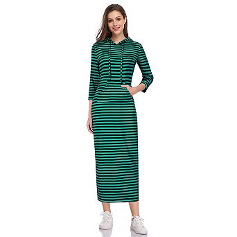 Women's Casual 3/4 Sleeve Pocket Slim Pullover Maxi Hoodie Dress Sweatshirt Dresses