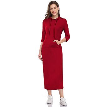 Women's Casual 3/4 Sleeve Pocket Slim Pullover Maxi Hoodie Dress Sweatshirt Dresses