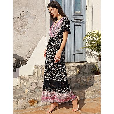 Women's Maxi Dress Summer Wrap Floral Bohemian Ruffle Dress