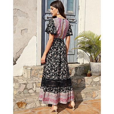 Women's Maxi Dress Summer Wrap Floral Bohemian Ruffle Dress