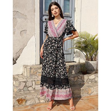Women's Maxi Dress Summer Wrap Floral Bohemian Ruffle Dress