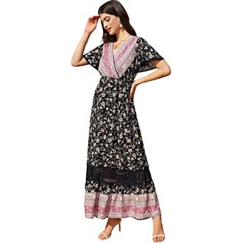 Women's Maxi Dress Summer Wrap Floral Bohemian Ruffle Dress