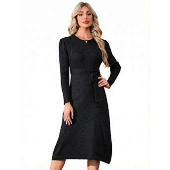 Women's Long Sleeves Knit Dress with Tie Waist Elegant Belted Sweater Dress