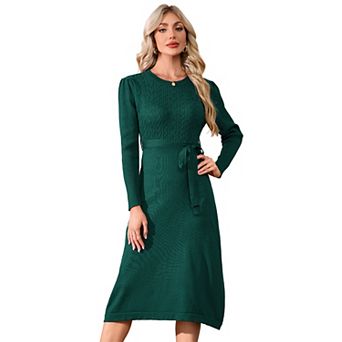 Women's Long Sleeves Knit Dress with Tie Waist Elegant Belted Sweater Dress