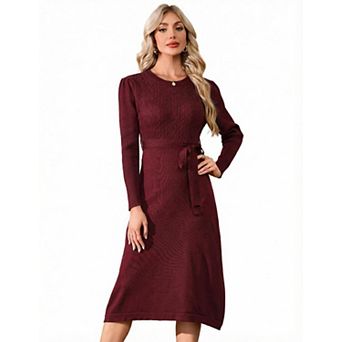 Women's Long Sleeves Knit Dress with Tie Waist Elegant Belted Sweater Dress