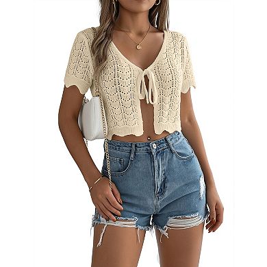 Women's Cardigan Cropped Summer Solid Short Sleeve Knitted Tie Front Cardigans