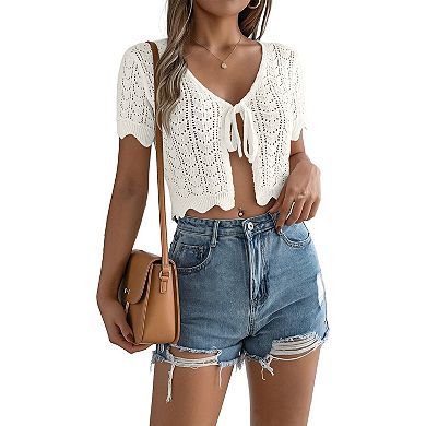 Women's Cardigan Cropped Summer Solid Short Sleeve Knitted Tie Front Cardigans