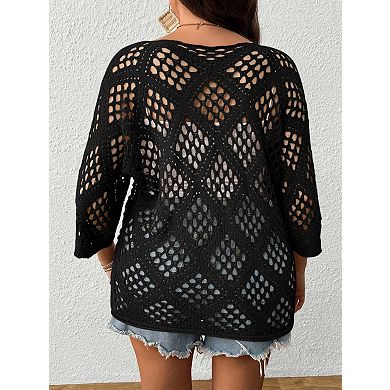 Plus Size 3/4 Sleeve Crochet Sweater V Neck Open Knit Pullover for Casual and Beach Wear