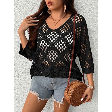 Plus Size 3/4 Sleeve Crochet Sweater V Neck Open Knit Pullover for Casual and Beach Wear