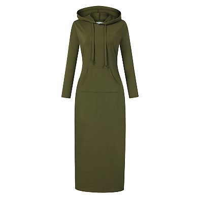 Women's Casual Long Sleeve Pocket Slim Pullover Maxi Hoodie Dress Sweatshirt Dresses