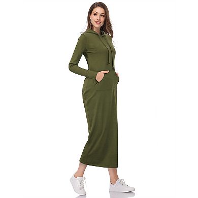Women's Casual Long Sleeve Pocket Slim Pullover Maxi Hoodie Dress Sweatshirt Dresses