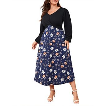 Women Plus Size Dresses V Neck Long Sleeve Pocketed Wedding Guest Layer Casual Midi Dress