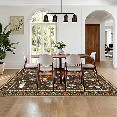 FairOnly Modern Area Rug With Cats&Flower Pattern Non Slip Washable Rug for Bedroom Dining Room