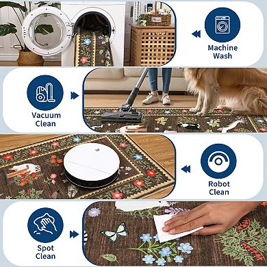 FairOnly Modern Area Rug With Cats&Flower Pattern Non Slip Washable Rug for Bedroom Dining Room